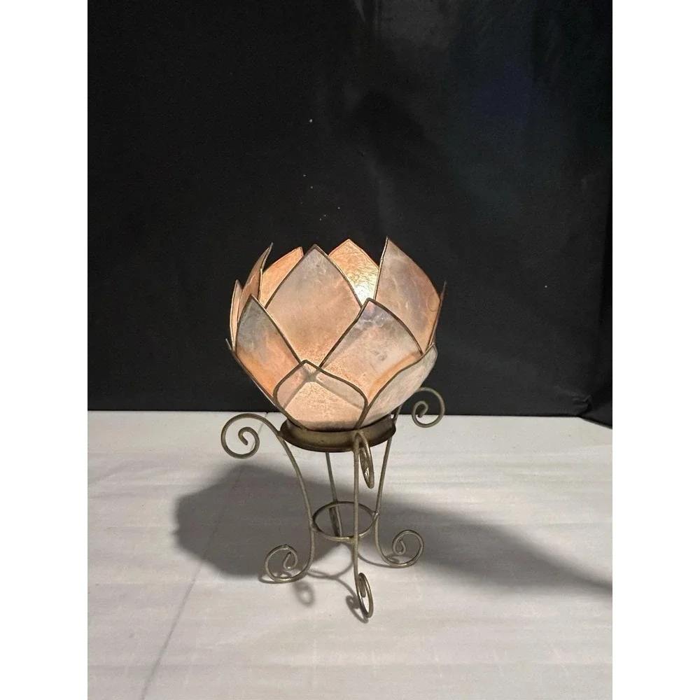 Capiz Shell Lotus Votive Candle Holder Gold Metal Stand 7